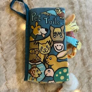 Jellycat Pet Tails Soft Book with Blue and Multicolor Design